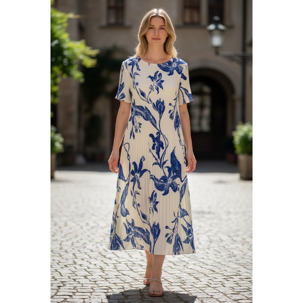Kindred crinkle Pleated Midi Dress sz L Blue Cream Floral coastal roantic breezy